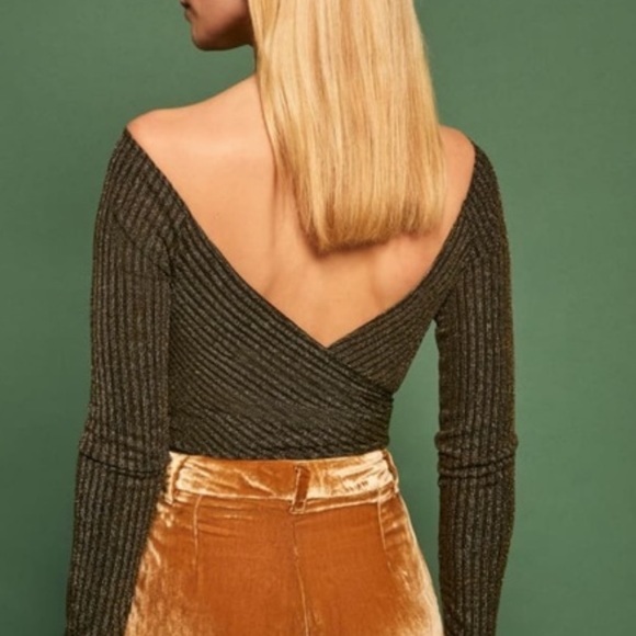 Reformation- Manhattan Top Off Shoulder Faux Wrap Gold/Black XS - Picture 3 of 6